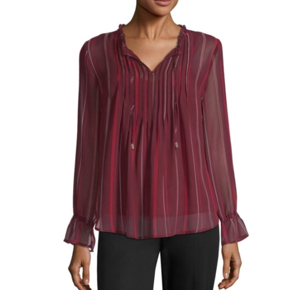 NWT- Long sleeve Ruffle tie Neck stripe blouse